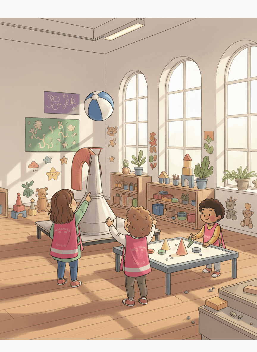 Illustration av barn som utforskar och leker i ett ljust kreativitetsrum, representerar vår Reggio Emilia-inspirerade miljö.